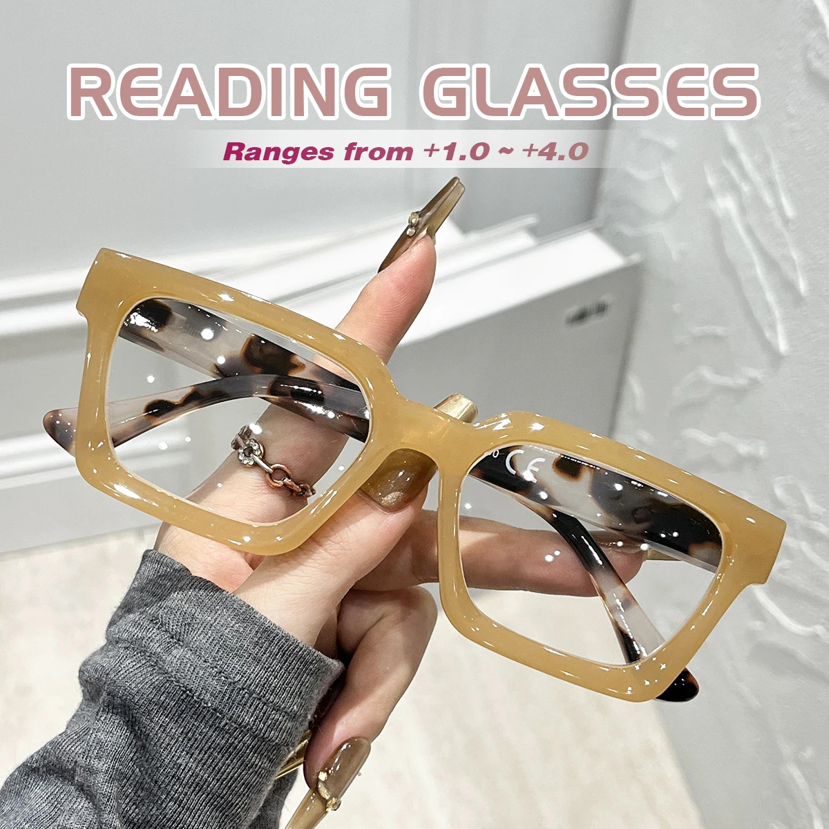 WEIPO Vintage-Lesebrille aus quadratischem Kunststoff, Vintage-Lesebrille für Damen, Presbyopie-Hyperopie-Brille +1,0 bis +4,0 Image