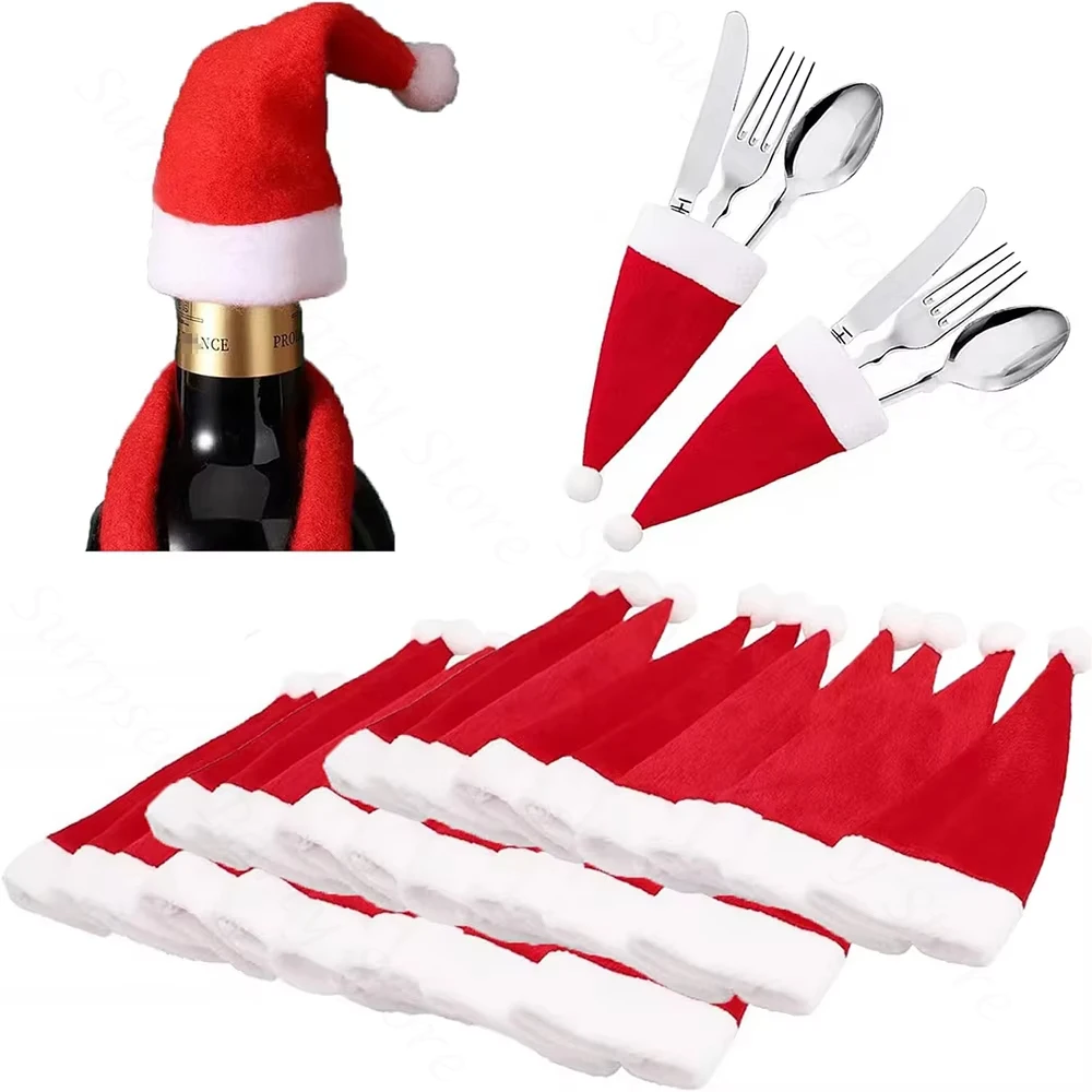 10/20/30Pcs Mini Weihnachten Santa Hüte Wein Flaschen Abdeckung Decor Xmas Party Abendessen Gabel Messer Tisch geschirr Dekoration Lieferungen Image