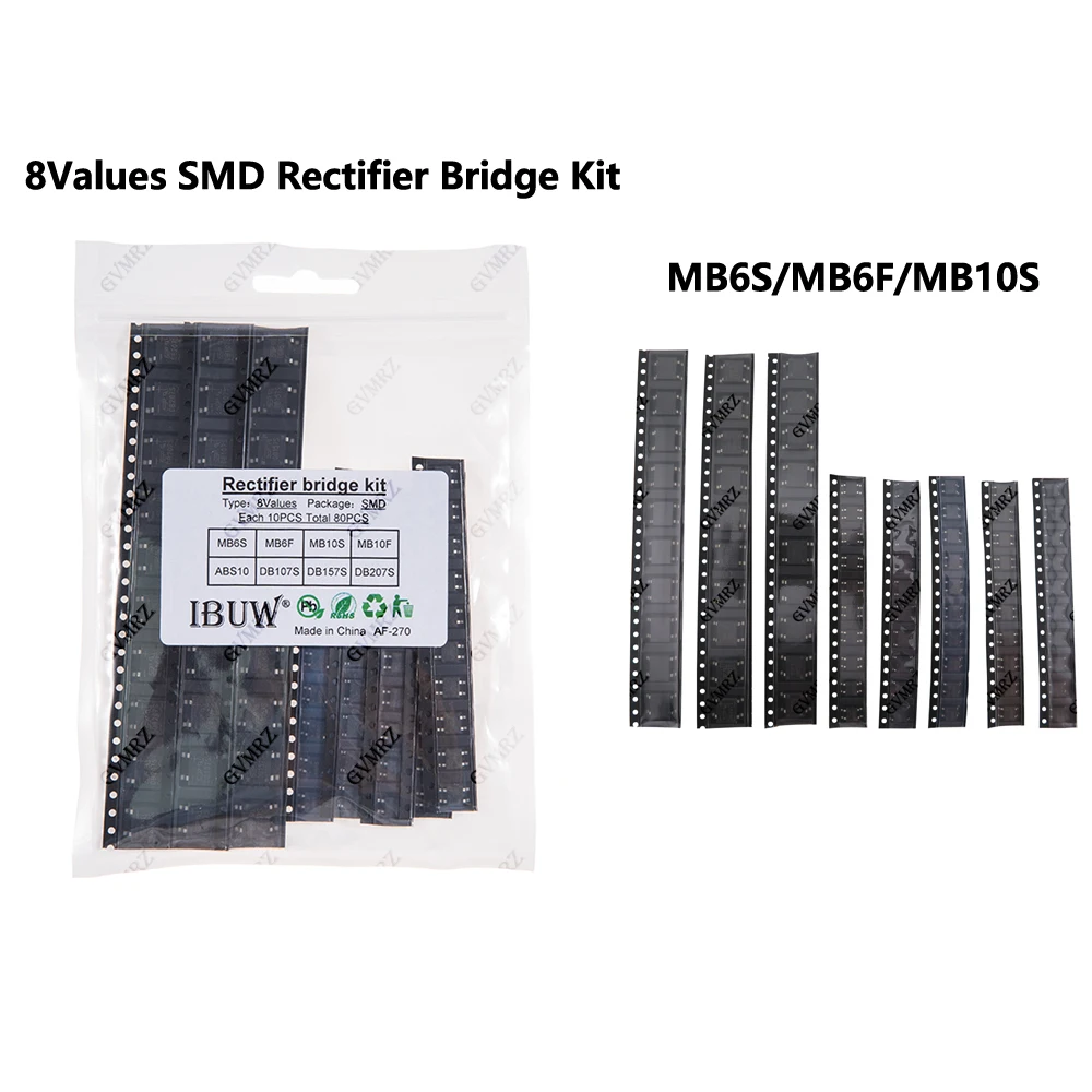 80-teiliges SMD-Gleichrichterbrücken-Set mit 8 Werten (MB6S/MB6F/MB10S) für AC-DC-Stromumwandlung & Elektronik-Reparaturprojekte MB6S Image