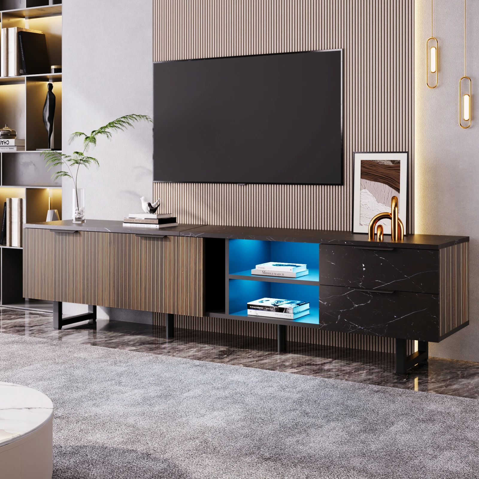 Superaly 200 cm TV-Schrank, Türen mit dunkler Holzmaserung, verstellbare LED-Beleuchtung, zwei Türen und zwei Schubladen Image