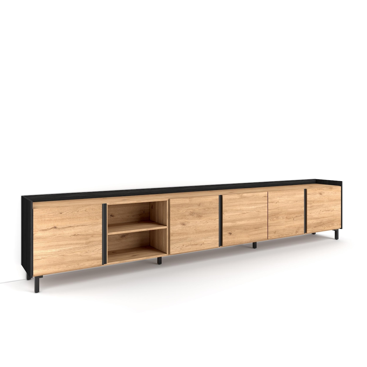 TV-Schrank, Lowboard, 309x61x35 cm, Für TV-Geräte bis zu 80", Industriedesign, Eiche Schwarz Image