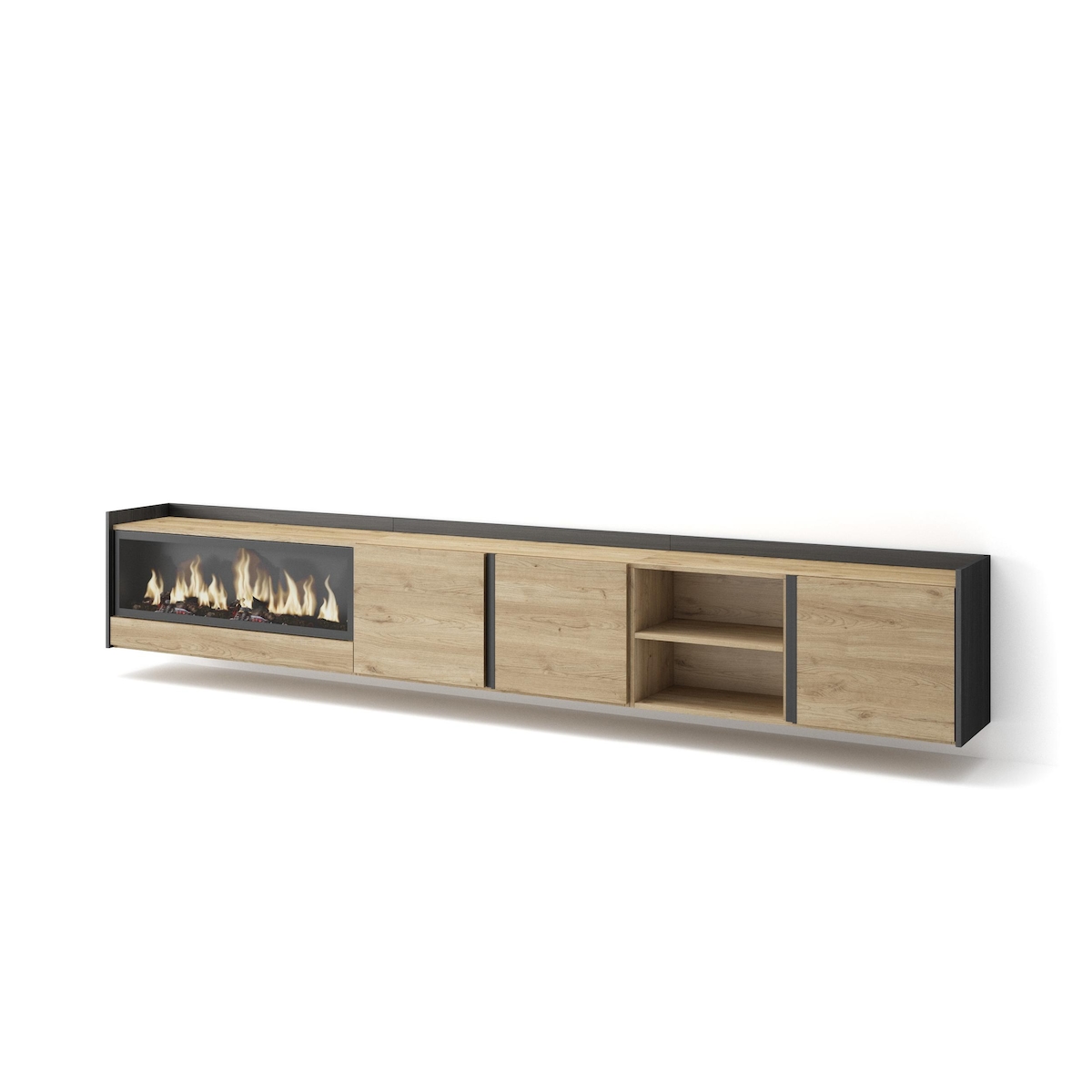 TV-Schrank, Lowboard, 315x50x35 cm, Für TV-Geräte bis zu 80", Elektrokamin XXL, Hängend, Eiche Schwarz Image