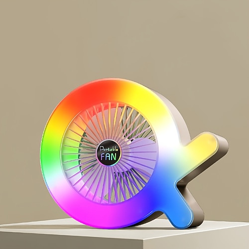 Q-förmiger Tischventilator mit farbiger RGB-LED-Beleuchtung, 3 Geschwindigkeitsstufen, leiser, tragbarer, per USB aufladbarer Mini-Ventilator für Büro, Schlafzimmer, Studentenwohnheim, Nachttisch – Image
