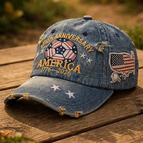 Baseballkappe aus Denim zum 250. Jahrestag der USA, Fanartikel zur Fußball-Weltmeisterschaft mit patriotischen, gestickten Sternen Gestreifte Mütze, Vatertagsgeschenk für Papa, Vintage-Design mit Image