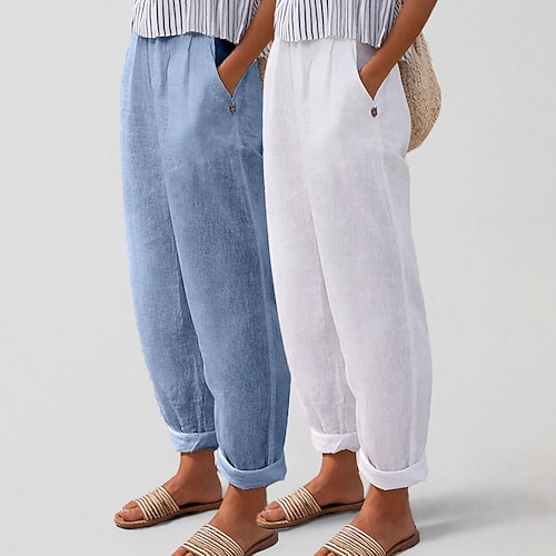 2er-Pack Damenhosen aus 100 % Baumwolle, Sommerhosen, Freizeithosen, Urlaubshosen, Basic-Hosen, hoher Bund, schlichte Taschen, bequem, weich, atmungsaktiv, nicht elastisch, lässig, alltagstauglich, sportlich, weiß grün, weiß khaki Image