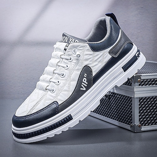 Weiße und blaue Herren-Sneaker, leichte und bequeme Schnürschuhe, trendige Low-Top-Schuhe für Alltag, Reisen, Freizeit im Freien und Wochenendaktivitäten Image