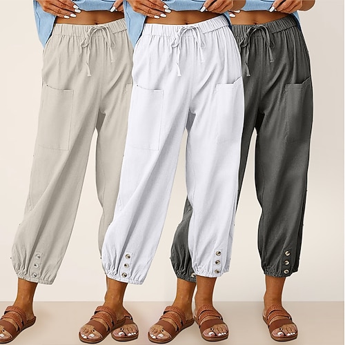 3er-Pack Damen-Caprihosen aus Baumwolle, Sommerhosen, Freizeithosen, Basic-Hosen mit hohem Bund, schlicht, mit Tasche, elastischem Bund, bequem, atmungsaktiv, nicht dehnbar, für Alltag, Zuhause und Urlaub, in Blau, Marineblau und Olivgrün Image
