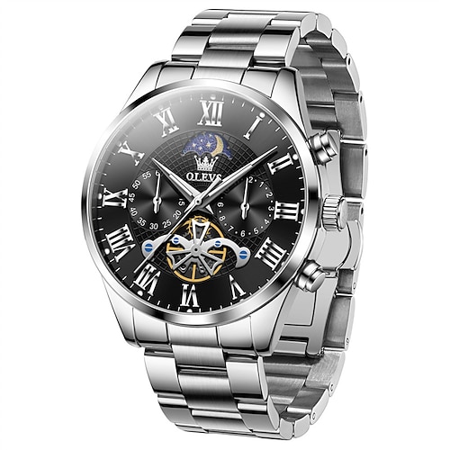Olevs Herren-Automatikuhr, luxuriöse Skelett-Business-Armbanduhr mit Mondphase, wasserdicht, aus Edelstahl, Leuchtzeiger – elegante Herrenuhr Image