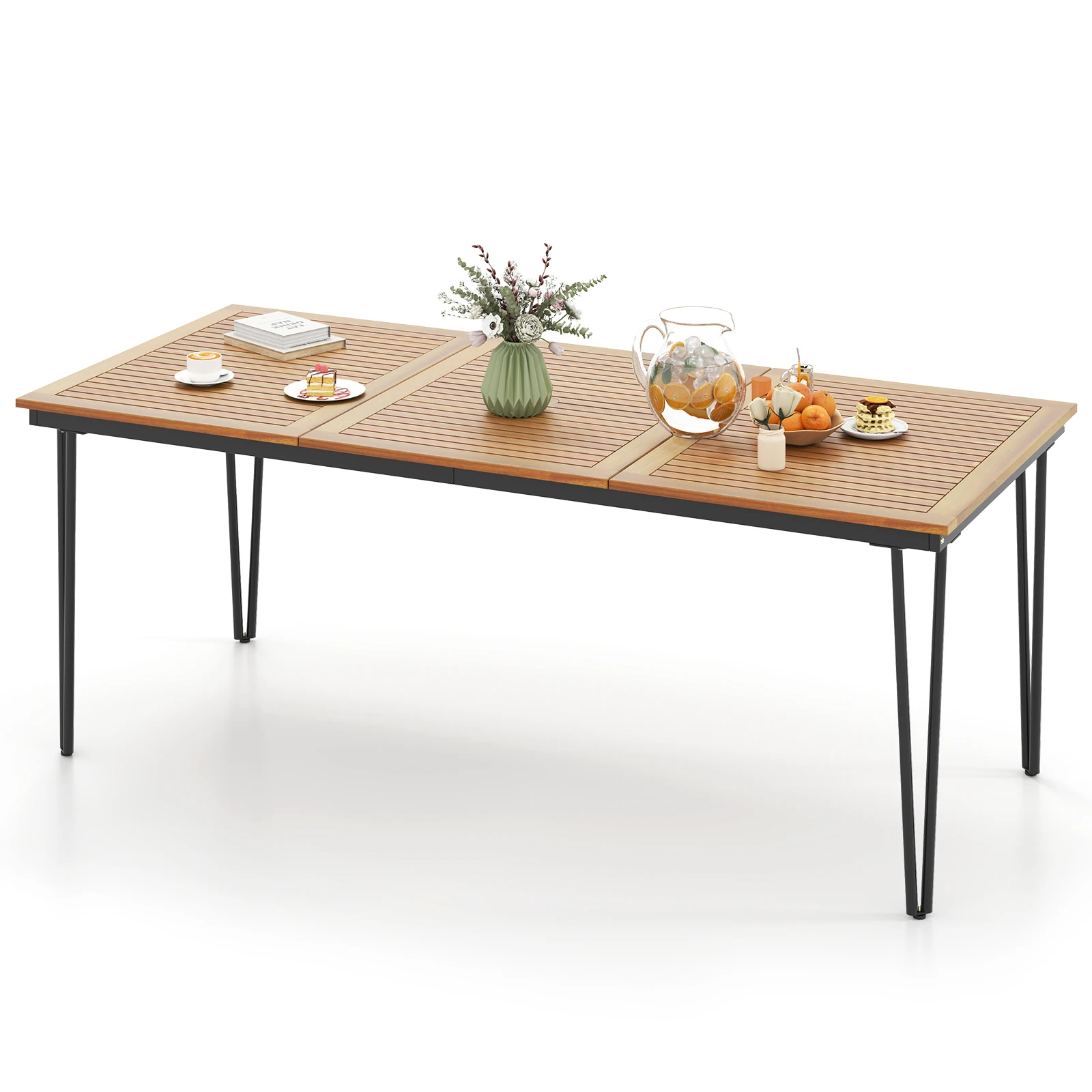 Tavolo da Giardino con Foro per Ombrellone, 200 x 90 cm, Grande Tavolo da Patio per 8 Persone, Tavolo Rettangolare da Balcone, Tavolo in Legno