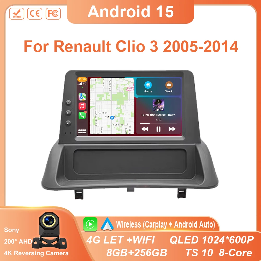 Autoradio pour Renault Clio 3 2005-2014, Carplay, GPS, Navigation, Android Auto, Android 15, autoradio stéréo, unité vidéo, vidéo sans 2din