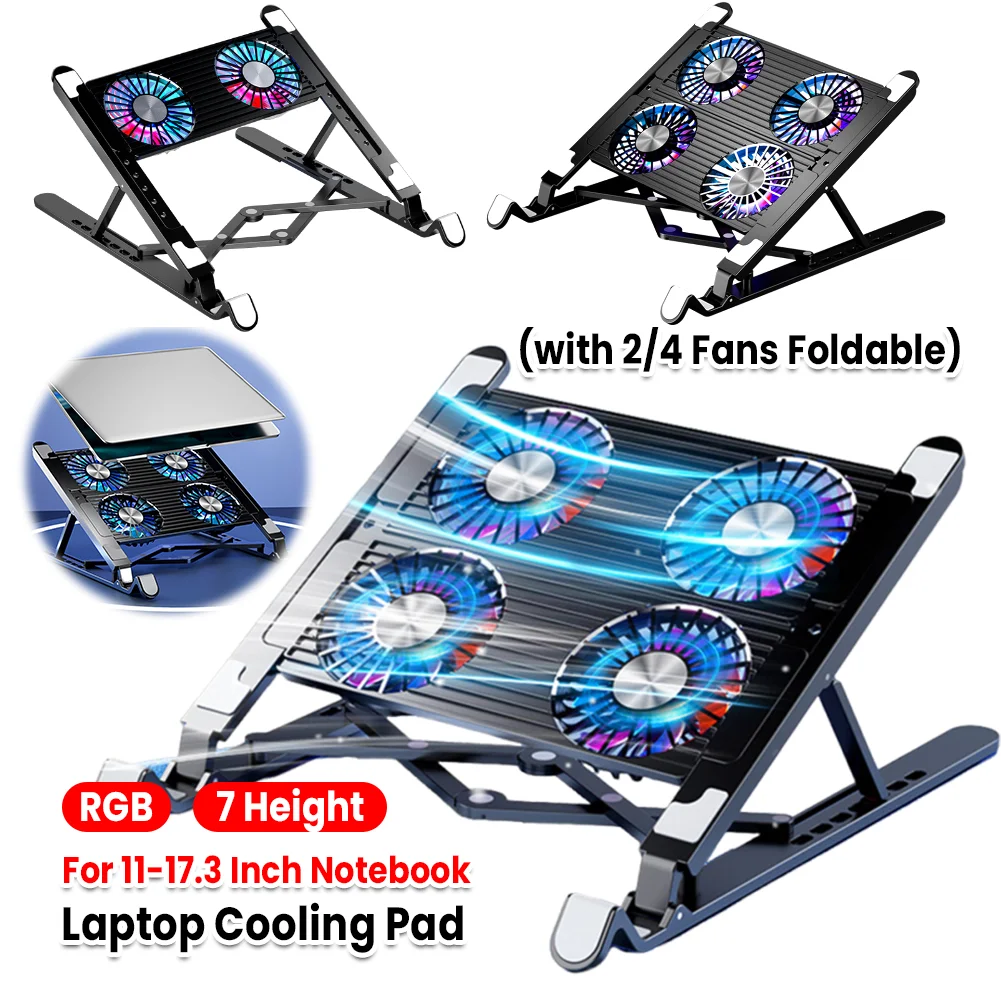 Laptop Cooling Pad with 2/4 Fans Foldable Loptop Support RGB Silent Gaming Laptop Cooler Fan 7 Height for 11-17.3 Inch Laptops