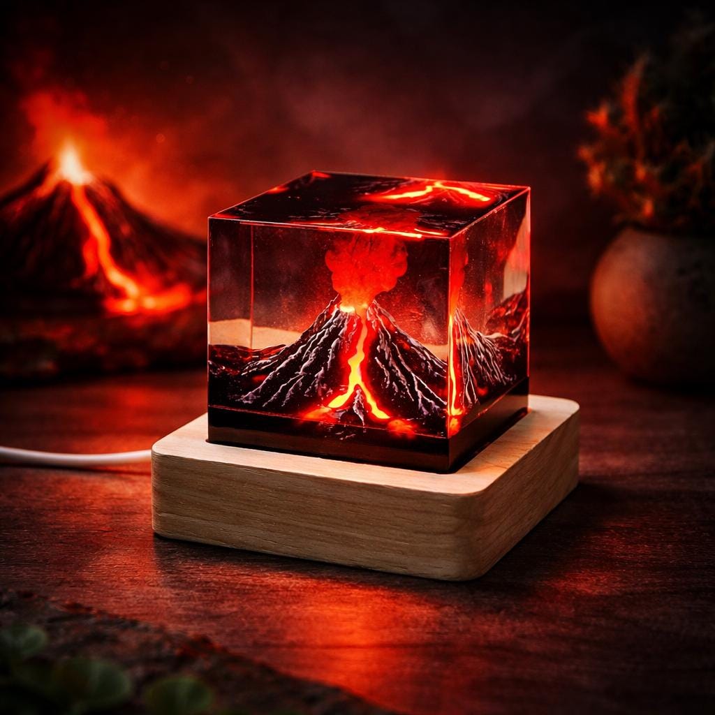 Lampada da notte a forma di vulcano in resina, lampada a lava eruttata, lampada da notte in resina epossidica fatta a mano, lampada a LED a forma di v