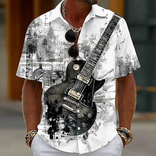 Homme Guitare Instrument de musique Notes de Musique Chemise Chemise Boutonnée Manche Courte Vintage Rétro Quotidien Festival de Musique Été Printemps Col Rabattu Impression 3D chemises à col Bleu