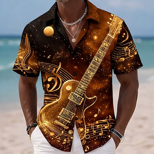 Homme Guitare Instrument de musique Notes de Musique Chemise Chemise Boutonnée Manche Courte Vintage Rétro Quotidien Festival de Musique Été Printemps Col Rabattu Impression 3D chemises à col Bleu