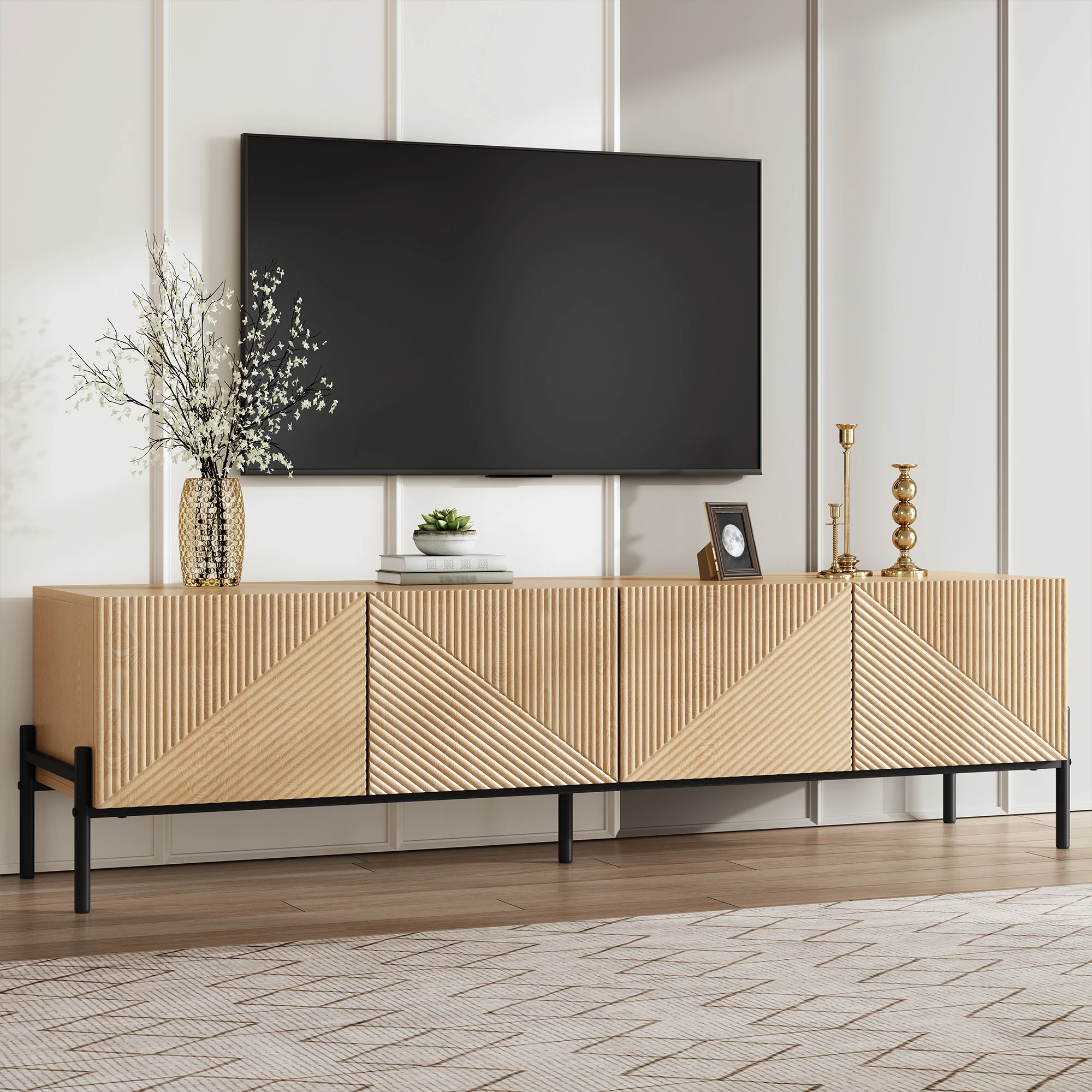 Meuble TV moderne, meuble bas pour télévision, 4 portes de rangement, design géométrique, texture 3D, mobilier de salon moderne