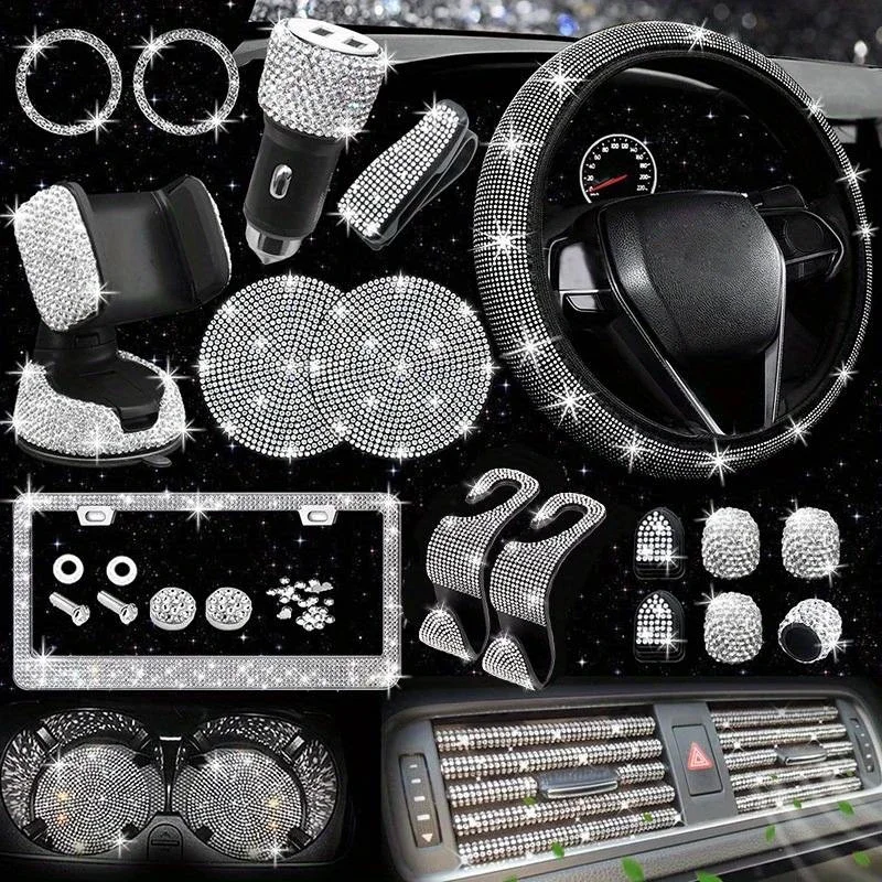 Set di Accessori Auto Bling Acquamarina da 4/27 Pezzi: Coprivolante, Supporto Telefono, Cornice Targa e Altro Ancora per Donne