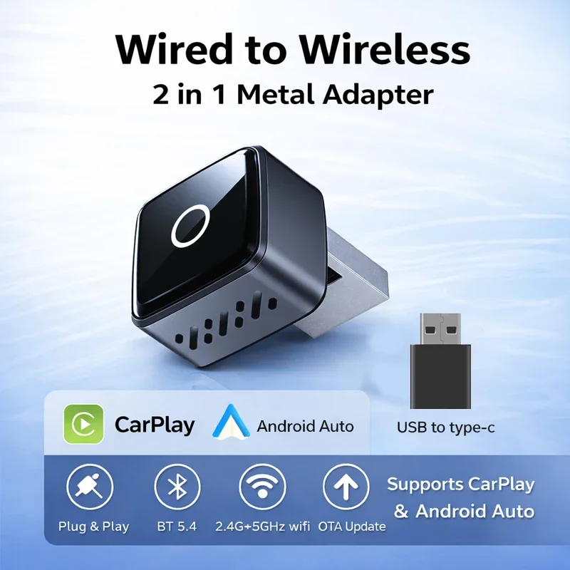 2-in-1 Kabelgebundener zu Kabelloser CarPlay Android Auto Adapter mit USB Plug-and-Play, Kompatibel mit 98% der Fahrzeuge mit werkseitig installiertem CarPlay Image