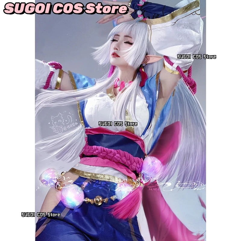 SUGOI COS*Soul Lotus Syndra Gothic Dark Fantasy Floating Orb Komplettes Cosplay-Set Anime Spirit Blossom Horns Perücke Haare Anime-Kostüm