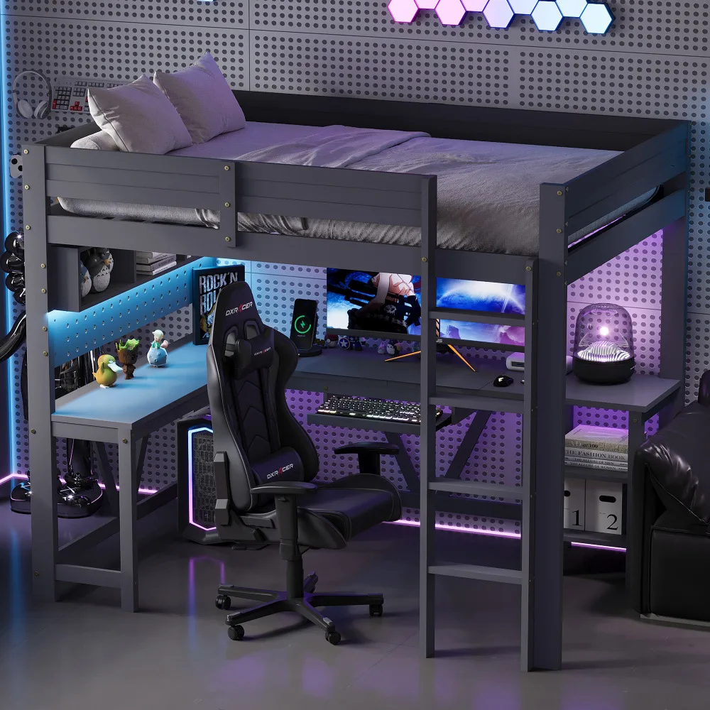 Holz-Gaming-Hochbett 90×200cm, Multifunktionales Gamer-Hochbett mit Schreibtisch, LED-Beleuchtung & USB-Ladestation, Jugendbett