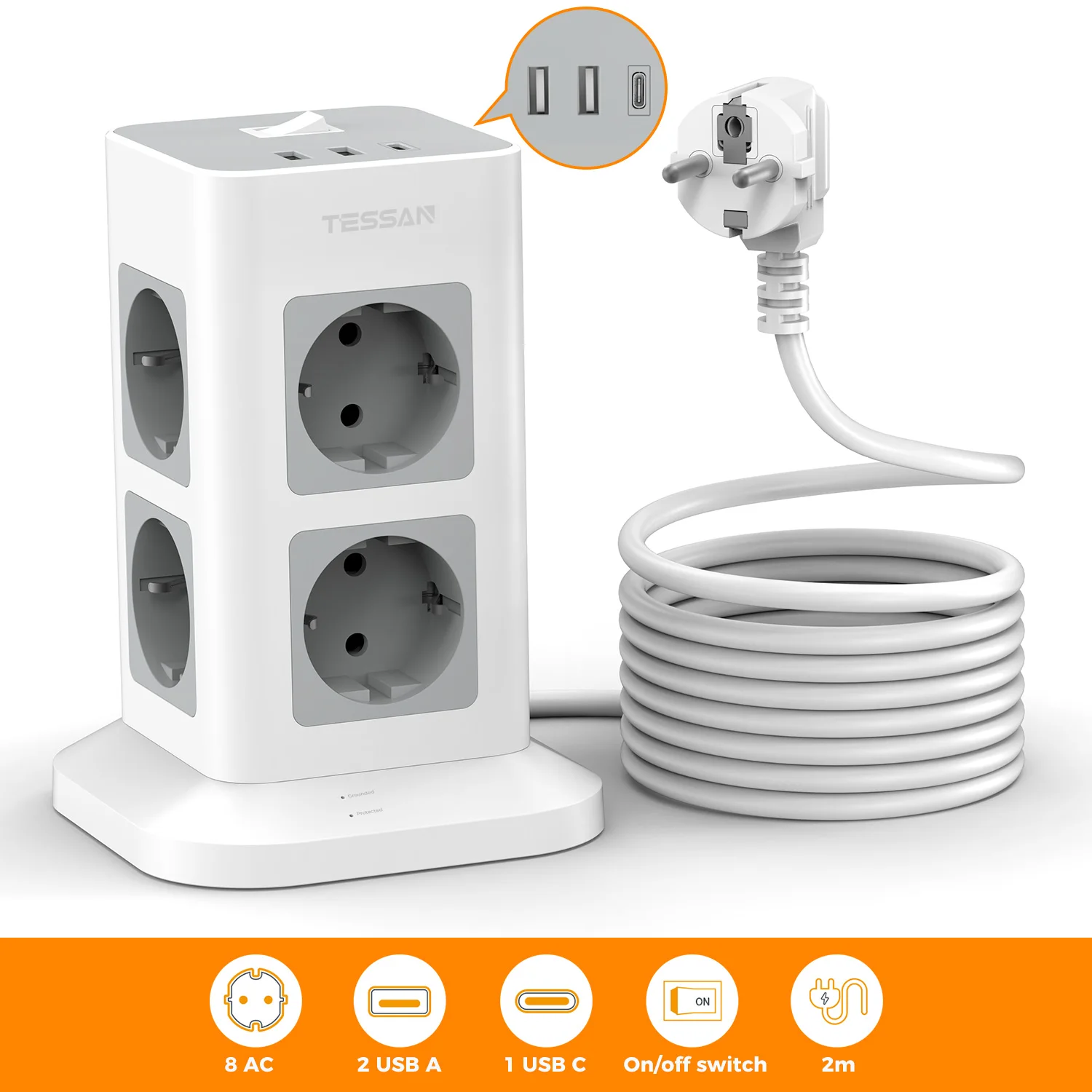 TESSAN Mehrfachsteckdosenleiste mit 8 Steckdosen + 2 USB + 1 Typ-C Vertikaler Turmstecker mit 2M Verlängerungskabel Überspannungsschutz Image