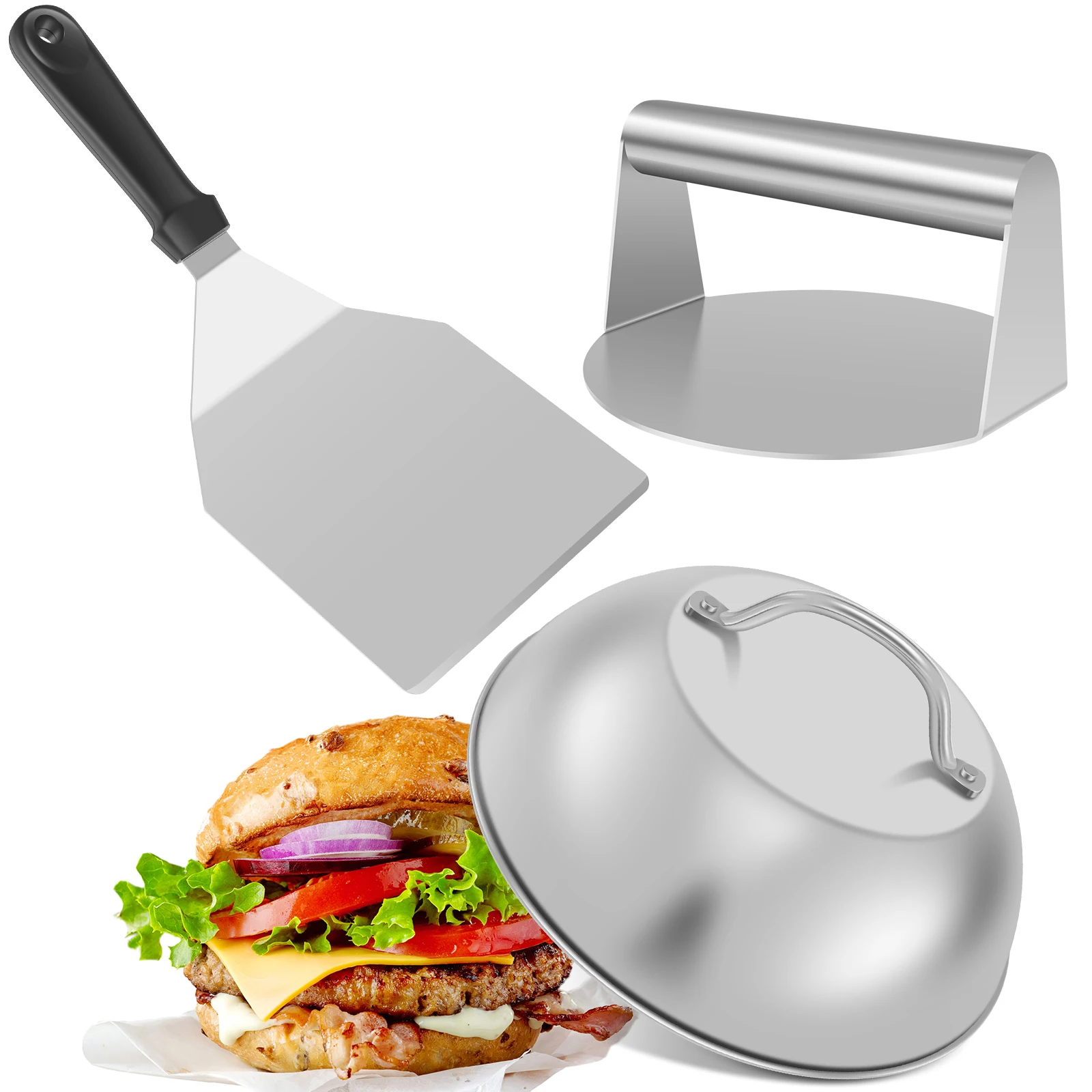 1 Set Smash-Burger-Presse-Kit mit Basting-Abdeckung, Grillspatel, Gewürzstreuer und Grillzubehör für Flachgrillplatten und Hamburger Image