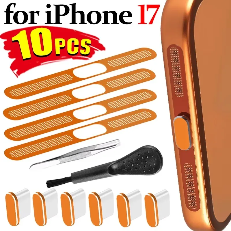 Orangefarbene Metall-Lautsprecherabdeckung Staubschutz Anti-Staub-Bürste Pinzette Ladeanschluss-Staubstopfen Reinigungsset für iPhone 17 Air 17 Pro Max Image