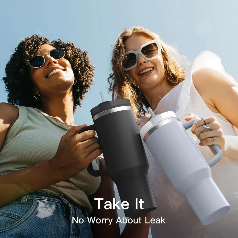40oz Isolierter Becher mit Griff und Strohhalm 2.0 Vakuum-Thermobecher aus Edelstahl für Kaffee, Autogetränkehalter-kompatibel, auslaufsicher Image
