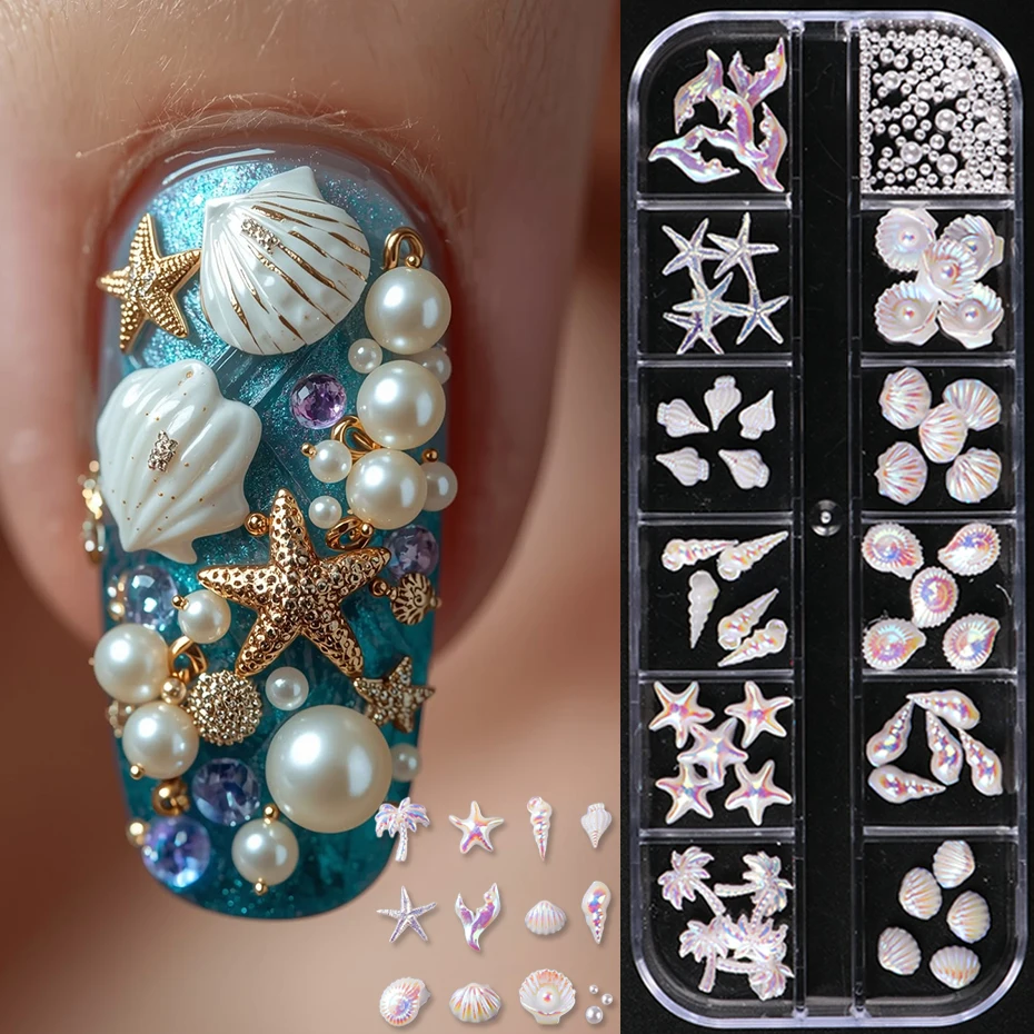 12 Gitter 3D Aurora Lila Sommer Strand Nageldekorationen Gemischte Kokosnussbäume, Muscheln, Seesterne, Meerjungfrauen, Fischschwänze, Schnecken für DIY Image