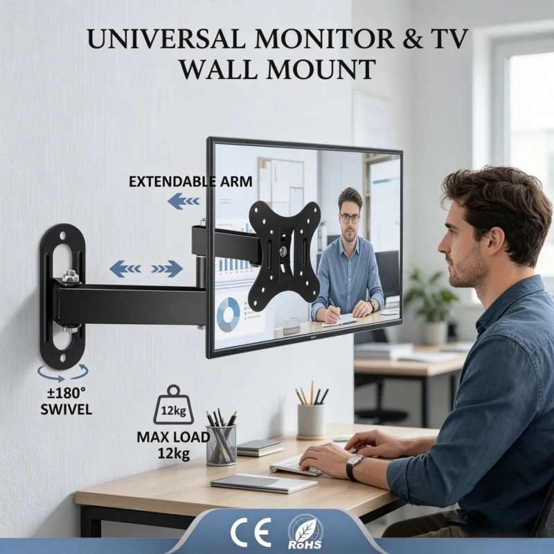 Schwenkbare TV-Wandhalterung mit Vollbewegungsfunktion Neig- und Schwenkhalterung für 10-32 Zoll Flach- und Curved-Monitore Schwarz 1 Stück Image