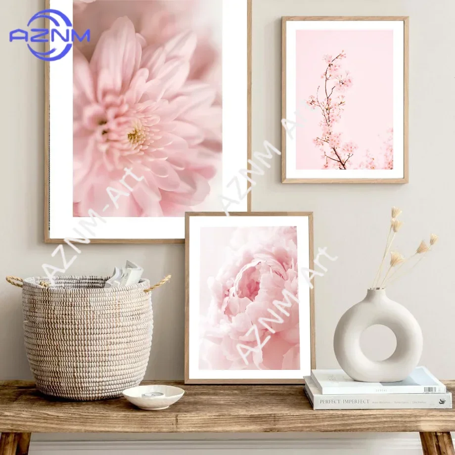 Rosa Rose, Orchidee, Pfingstrose, blühende Staubblätter, nordische Poster und Drucke, Leinwandgemälde, Wandkunst, Bilder für Wohnzimmer, Heimdekoration