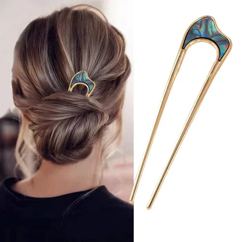 Mode Luxus Silber Gold Farbe Elegante Shell Emaille Haarnadel für Frauen Metall U Form Haar Stick Hairwear Zubehör Schmuck Image