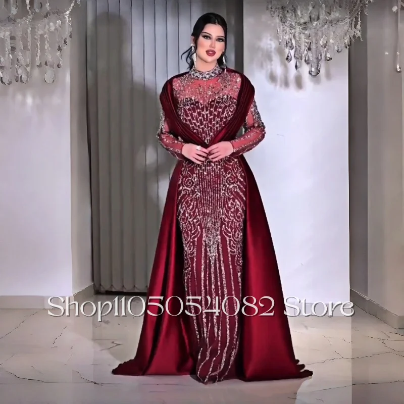 Maßgeschneiderte arabische Burgunder-Luxus-Abendkleider, Stehkragen, Tüll, transparente Pailletten, Satin, Ballkleider, Robes de Soirée Image