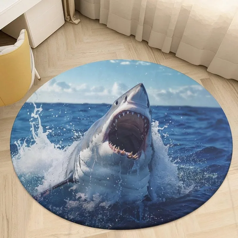 Realistischer Runder Teppich mit Weißem Hai-Motiv, Ozeanwellen und Haiangriff-Print, Rutschfester Kreisförmiger Teppich, Nautische Marine-Thematik-Matte Image