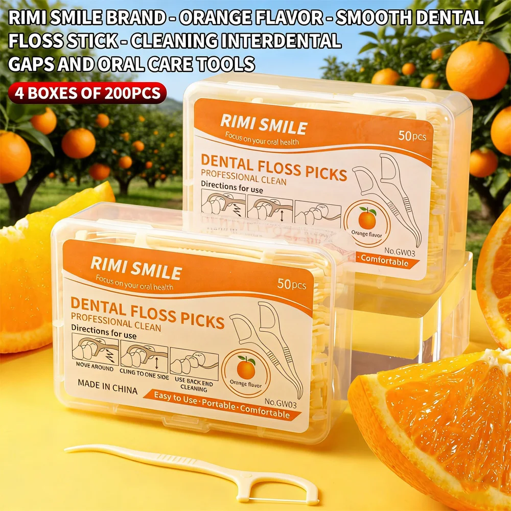 RIMI SMILE 200 Stück Orange Zahnseide-Sticks Hochfeste Glatte Zahnseide Ohne Abbrechen Interdentalreiniger Mundhygiene-Set Image