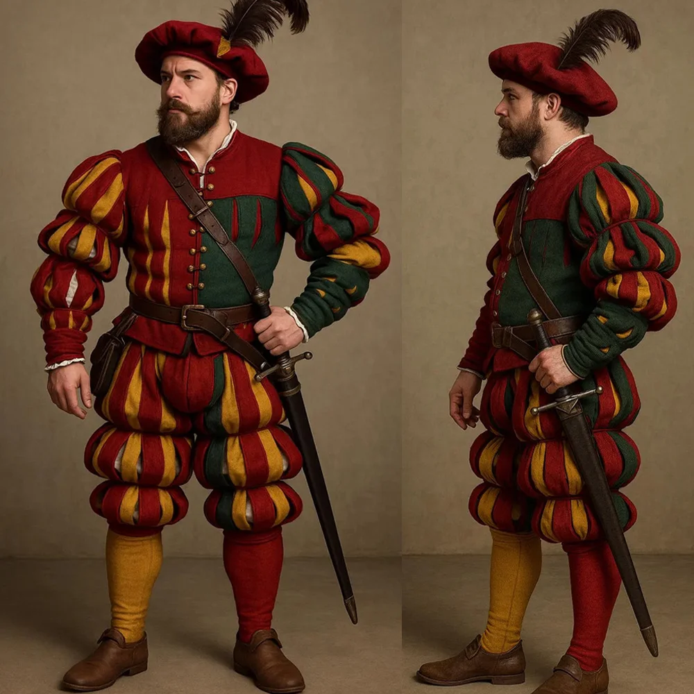 16. Jahrhundert Renaissance Deutscher Landsknecht Kostüm-Set: Doublet, Hose, Hut – Mittelalterliches LARP Krieger Outfit für Ren Faire Festivals Image