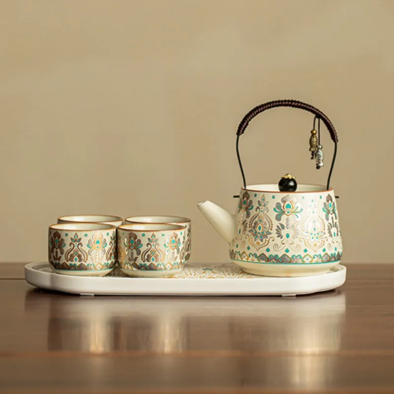 Dunhuang Gold Silver Wrong Handle Pot Set Ceramic Teapot Tea Cup Household Kung Fu Tea Set One Pot Four Cups Suit