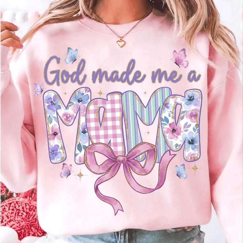 God Made Me A Mama Shirt Floral Bow Mom Life Graphic Tee peach m sweatshirt