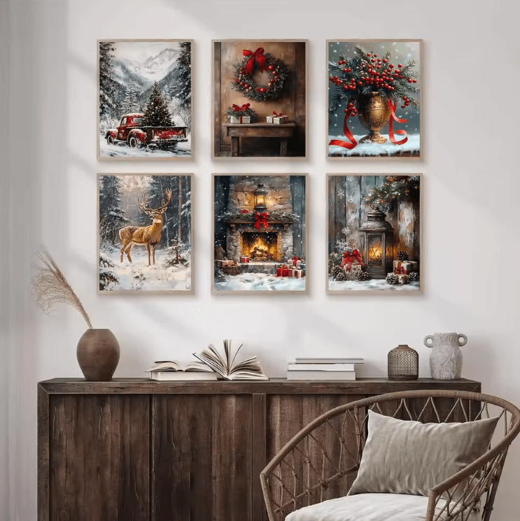 Vintage Red Truck Christmas Canvas Wall Art Rustic Winter Farmhouse Decor 4 30x40cm