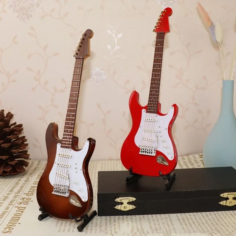 Miniature Electric Guitar Model Wooden Musical Instrument Collection Decorative Ornament With Support Stand coffee 7 In