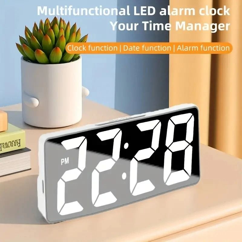 LED Digital Alarm Clock With Temperature | Modern RGB Desktop Clock For Bedroom | Adjustable Brightness & Date multicolor White