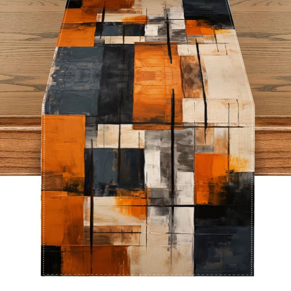 Modern Abstract Linen Table Runner Orange Black Stripe Holiday Decor 150x33cm 59x13inch