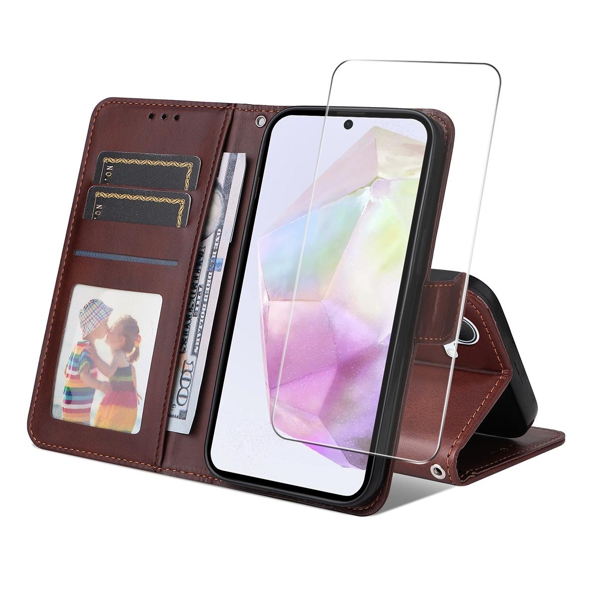 Samsung Galaxy Leather Wallet Case With Card Holder, Stand & Screen Protector For Samsung Galaxy S25 Ultra 5G red