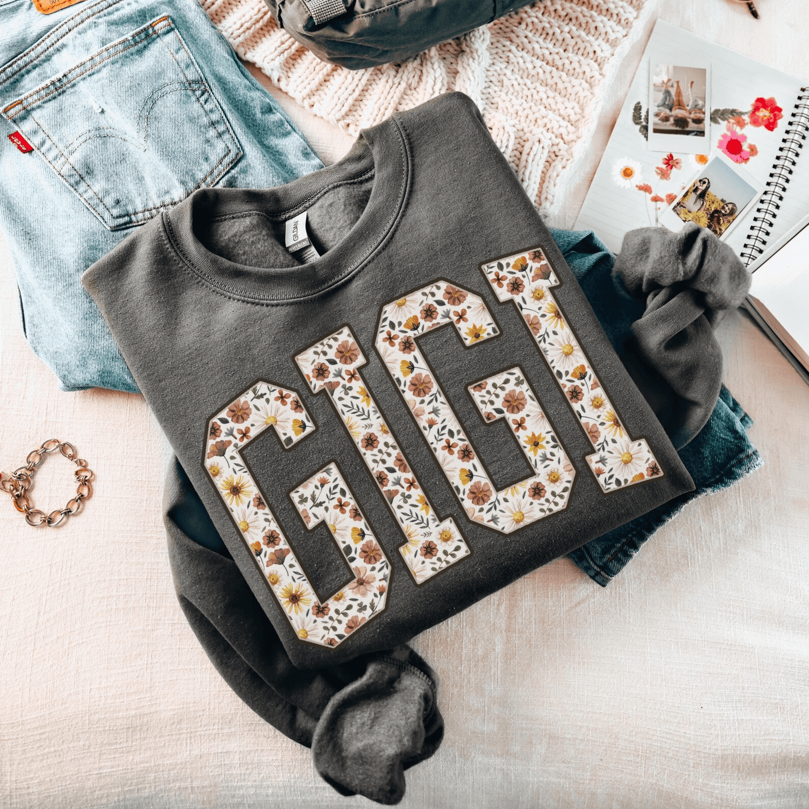 Floral Gigi Sweatshirt Cozy Grandma Crewneck Mothers Day Pregnancy Announcement Gift mustard xl t Shirt