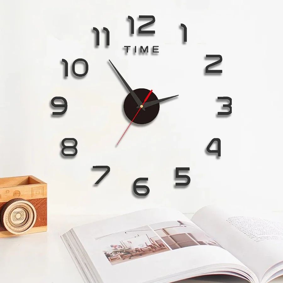 Large 3D DIY Wall Clock Frameless Silent Sticker Modern Wall Decor black