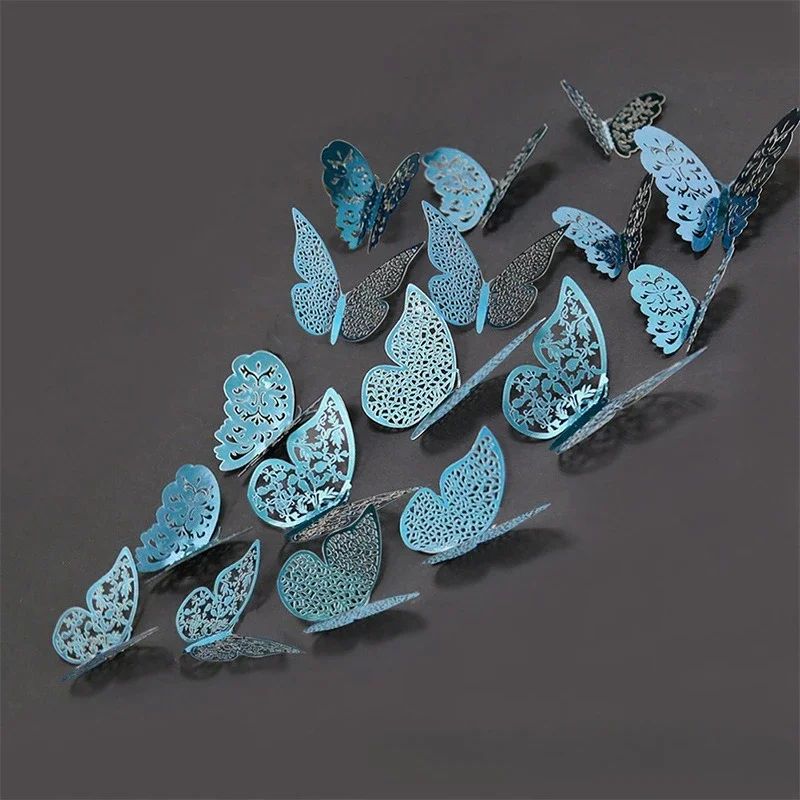 3D Mirror Butterfly Wall Stickers Hollow Gold, Silver & Blue DIY Room Decor 12 Pcs Iridecent C