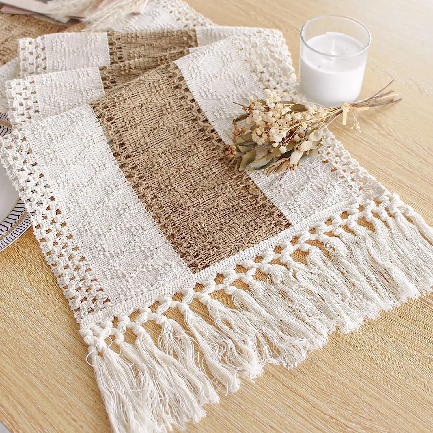 Boho Farmhouse Linen Table Runner With Tassels For Rustic Home Decor 30x200cm