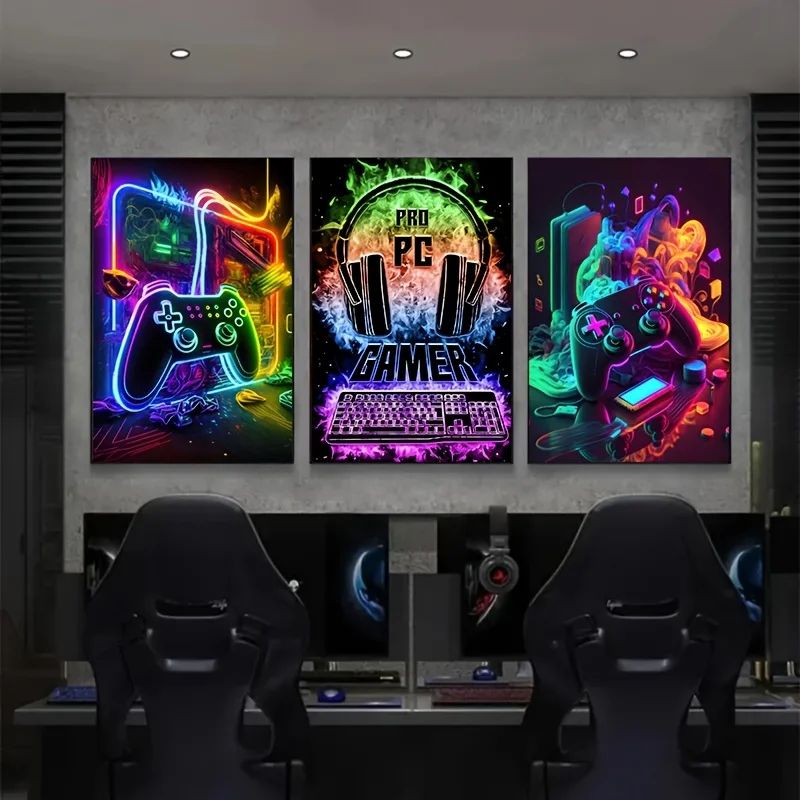 Cyberpunk Gamepad Canvas Wall Art Set 3pcs Gaming Room Decor Posters For Boys & Gamers neon Gaming Console Glow 19.69x27.56in Unframed