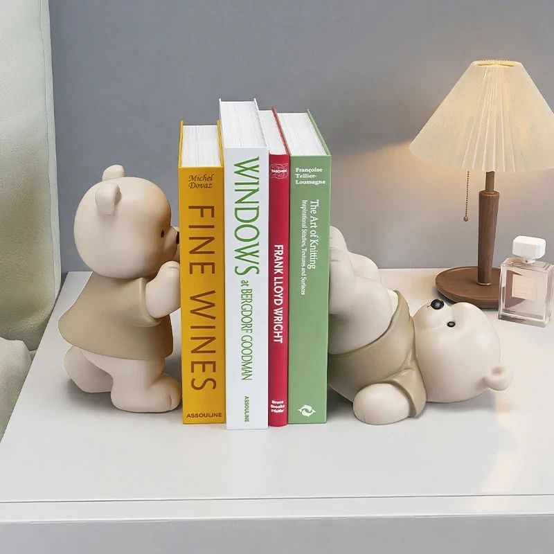 Cute Bear Bookend Figurine Cream Style Decorative Book Holder For Home & Shelf Decor kitten