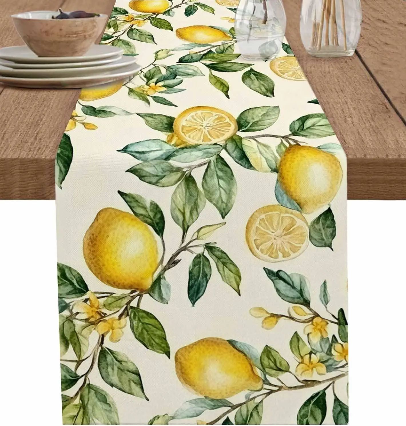Watercolor Lemon Linen Table Runner Fresh Citrus Dining Table Decor 108x13inch