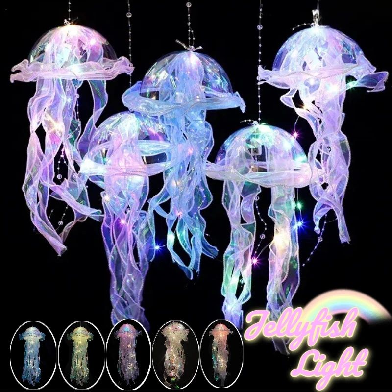 Colorful Jellyfish LED Pendant Light Gradient Hanging Night Lamp For Indoor, Garden & Festival Decor yellow 3 Pcs